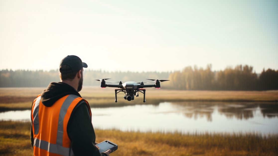 Drohnenbetreiber und Drohne in landschaft